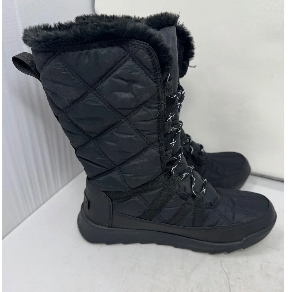 🔥Sorel Whitney🖤Tall Lace Black insulated Waterproof Winter Snow Boots‎ Fur 7.5